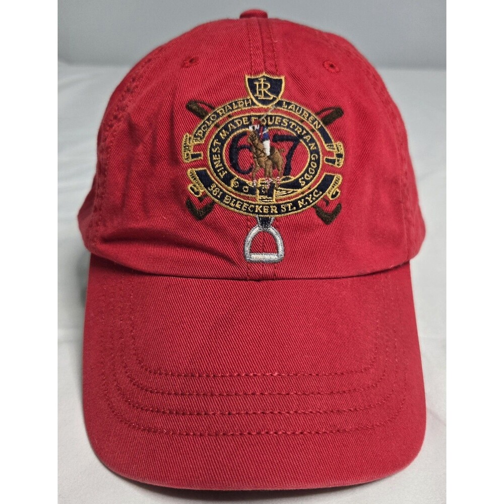 🐎 Vintage Polo Ralph Lauren Red Baseball Cap Leather Strap NY RL Address Y2K